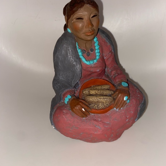 Hand-Painted Ceramic Woman Figurine in Red with Turquoise Accents